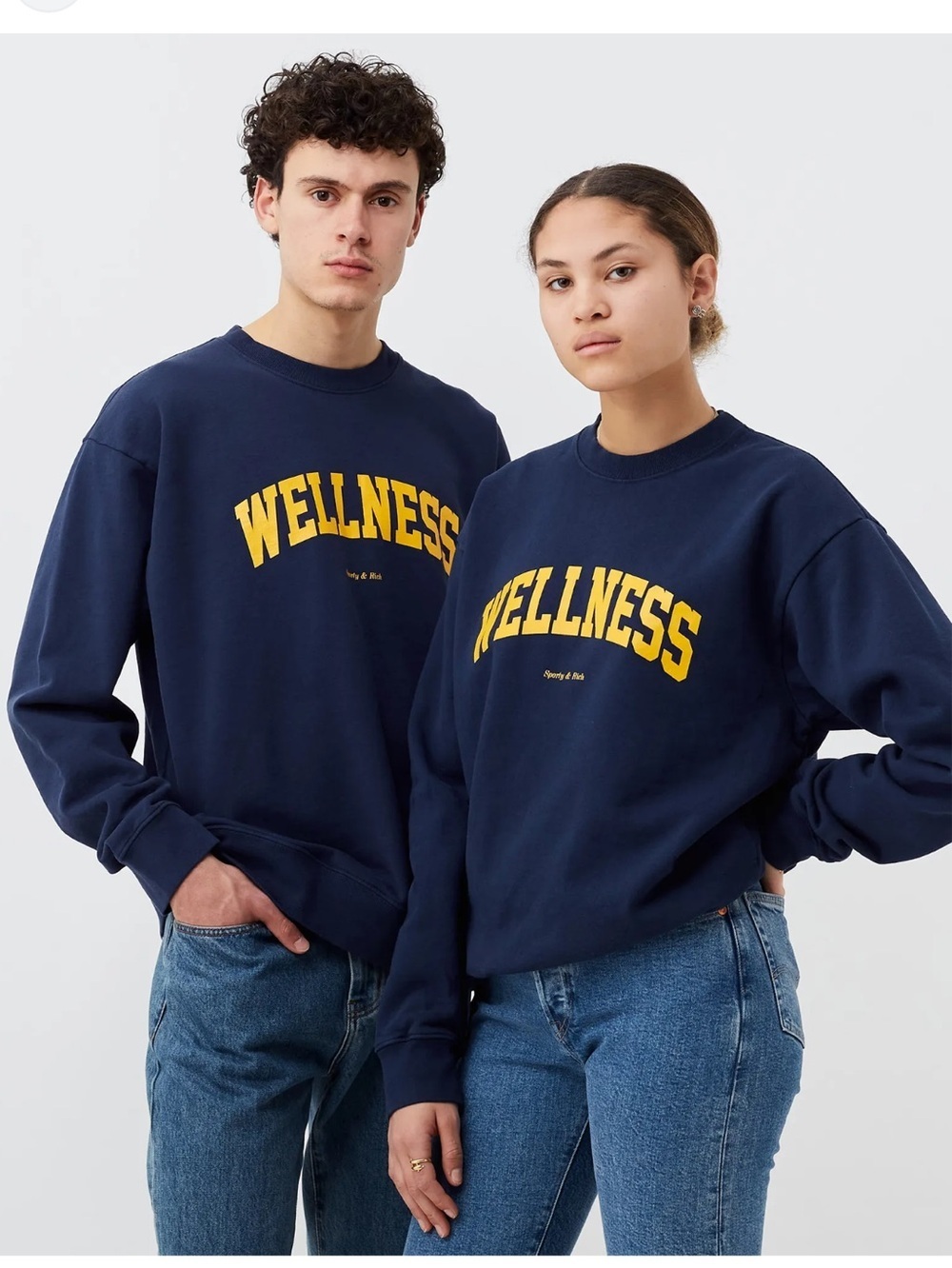Sporty & Rich Navy Crewneck with Yellow WELLNESS Script Ivy Sweatshirt